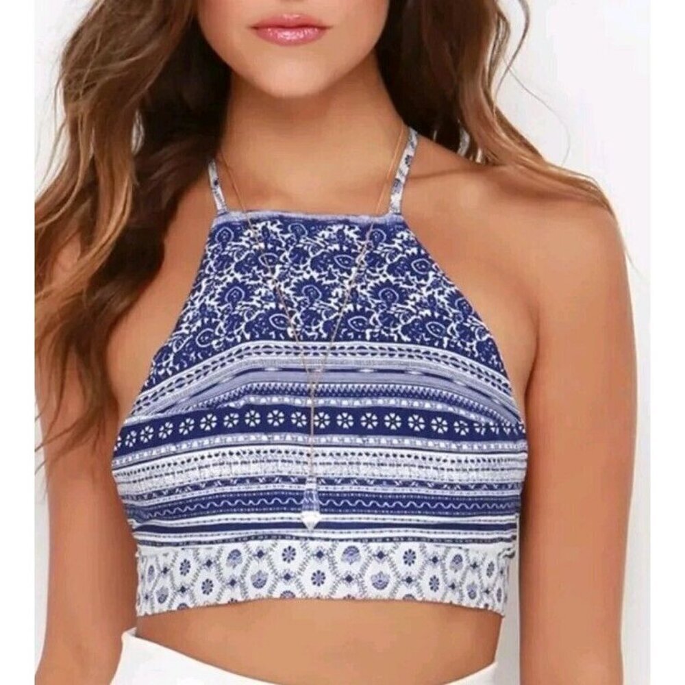 L'ATISTE Women Riverside Strumming Rayon Blue Print Crop Top Size Small
